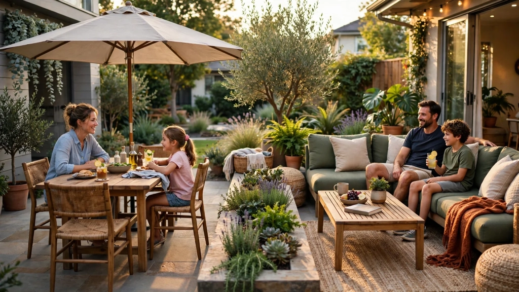 A patio divided into dining and lounging zones, a smart way to use a standard patio size for real family life.