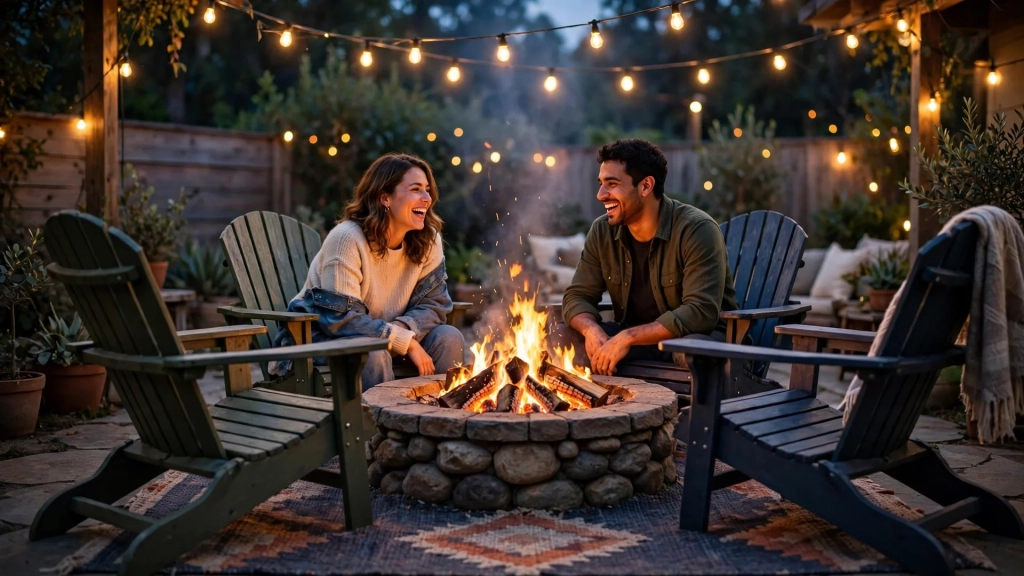 Friends relaxing around a glowing fire pit with adirondack chairs on a cozy standard patio size lounge corner at dusk.