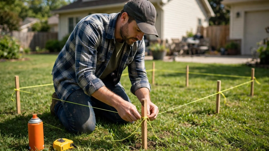 A homeowner marking a patio outline on the grass with garden string to test a standard patio size in the real yard.