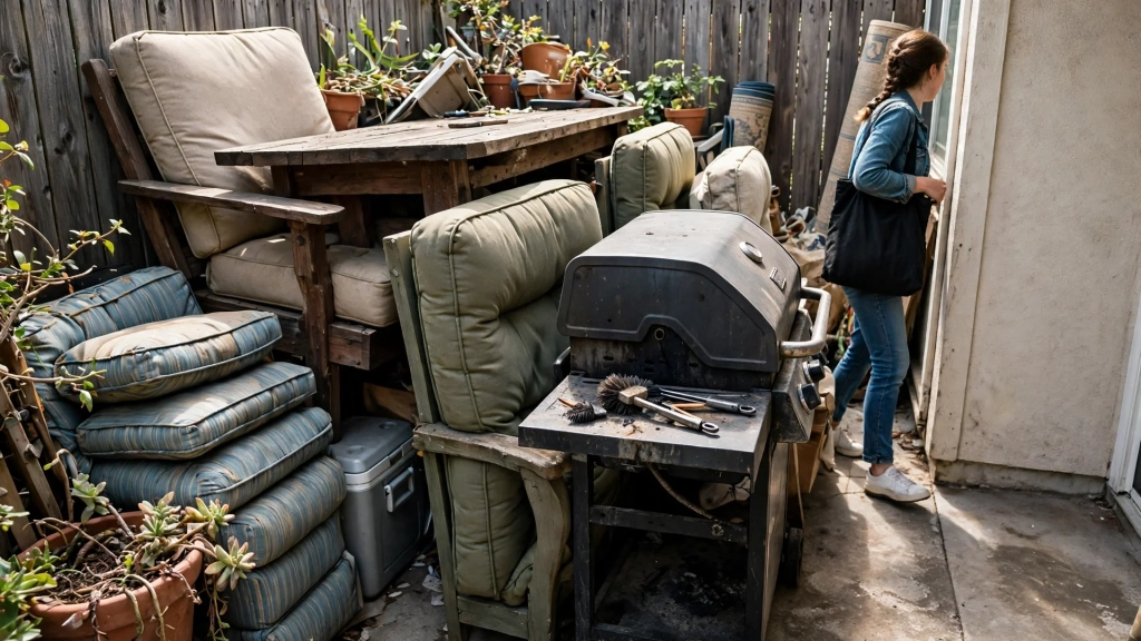 A cramped patio with oversized furniture showing what happens when you skip planning the standard patio size.