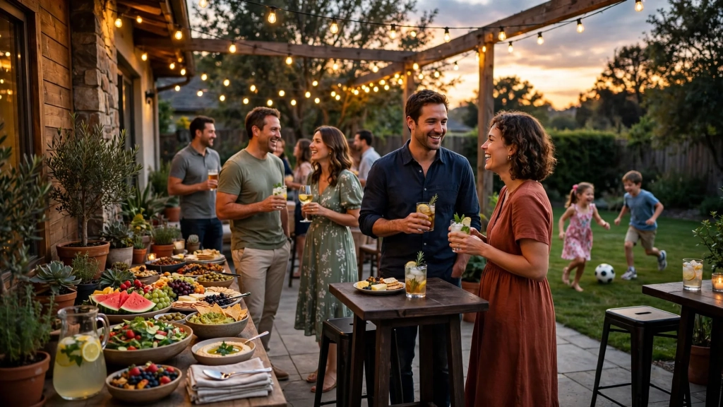 A lively backyard party with string lights and mingling guests on a spacious patio built larger than the standard patio size.