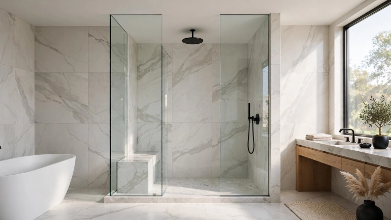 Standard shower size guide showing a spacious modern walk-in shower with glass panels
