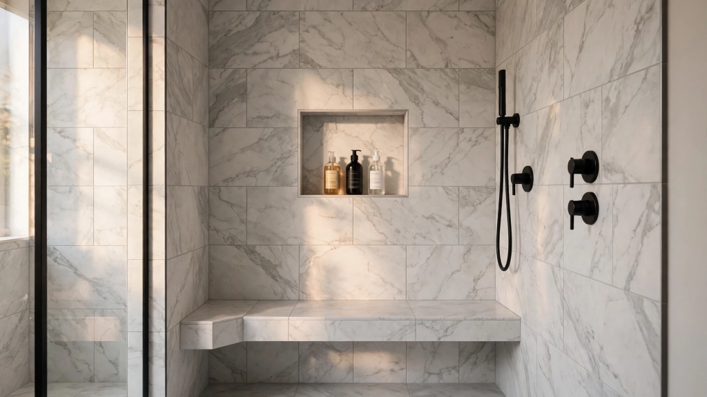 Standard Shower Size: 5 Dimensions That Make or Break Your Bathroom 6 Walk-in standard shower size layout with curbless entry and linear drain