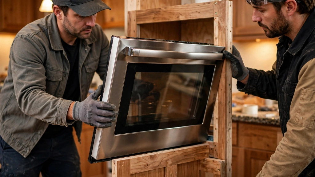 Standard Wall Oven Size: The Cutout Rule That Saves Your Kitchen Renovation 4 Installers sliding a 30 inch oven into its cabinet cutout, matching the standard wall oven size to the opening.