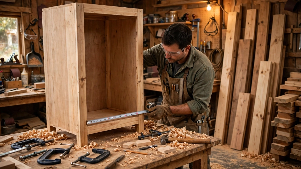 Standard Wall Oven Size: The Cutout Rule That Saves Your Kitchen Renovation 5 A carpenter checking the cutout width of an oven cabinet built for the standard wall oven size.
