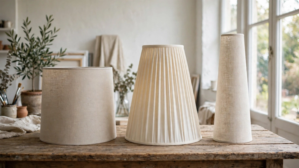 Table Lamp Shade Size, the Simple Formula for Perfect Proportions 5 Three lamp shades in drum, empire, and tapered shapes lined up on a table, showing ideal table lamp shade size.