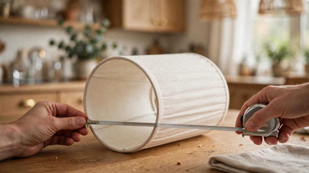 Table Lamp Shade Size, the Simple Formula for Perfect Proportions 6 Hands measuring a lamp shade with a tape measure on a dining table, showing ideal table lamp shade size.