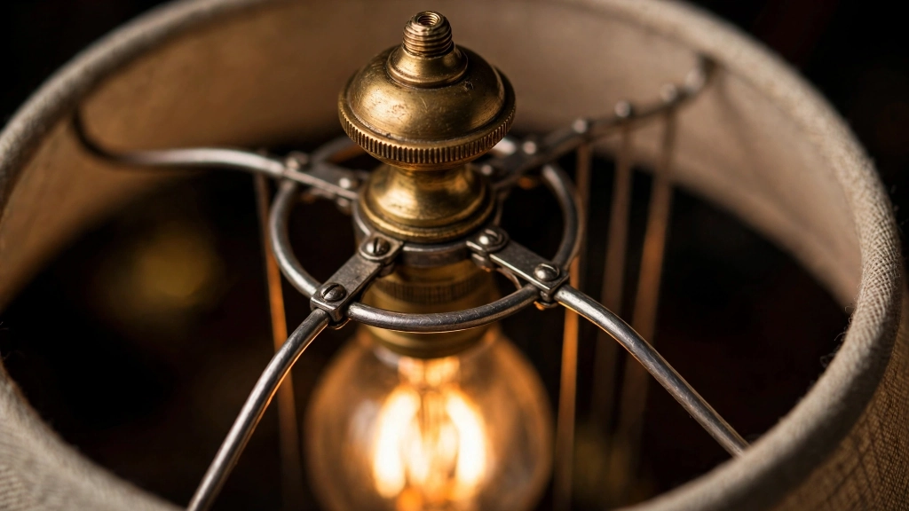 Table Lamp Shade Size, the Simple Formula for Perfect Proportions 7 Closeup of a lamp harp, spider fitter, and brass finial inside a lamp shade, showing ideal table lamp shade size.