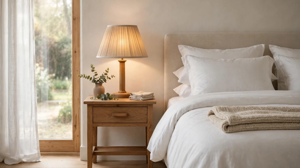 Table Lamp Shade Size, the Simple Formula for Perfect Proportions 8 Bedside table lamp with lined shade next to a made bed in a calm bedroom, showing ideal table lamp shade size.