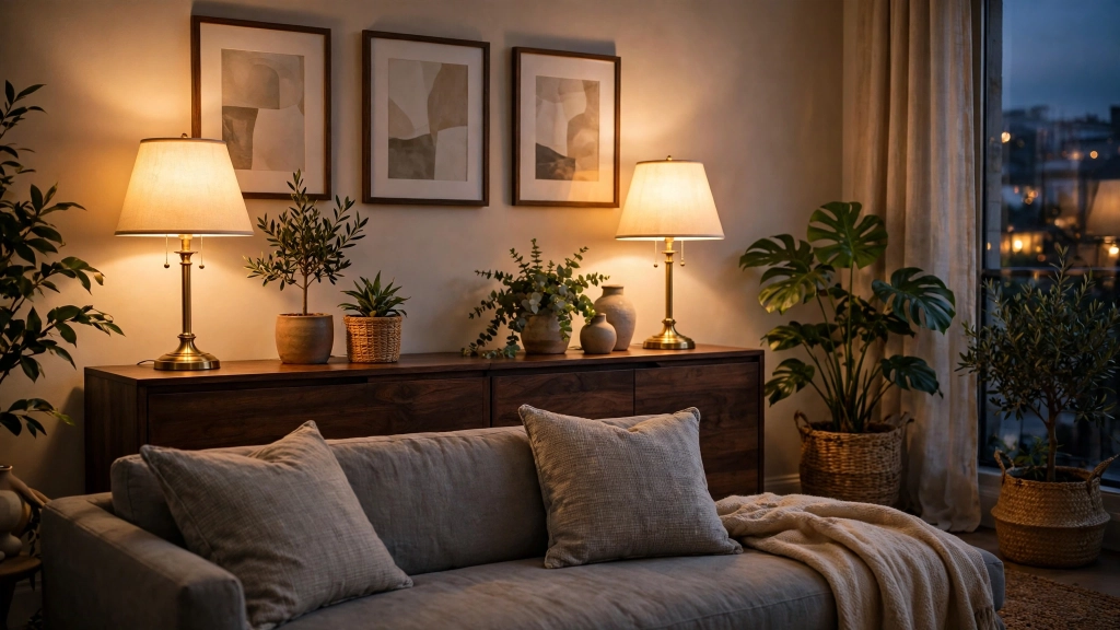 Table Lamp Shade Size, the Simple Formula for Perfect Proportions 9 Pair of matching table lamps on a living room sideboard behind a sofa, showing ideal table lamp shade size.