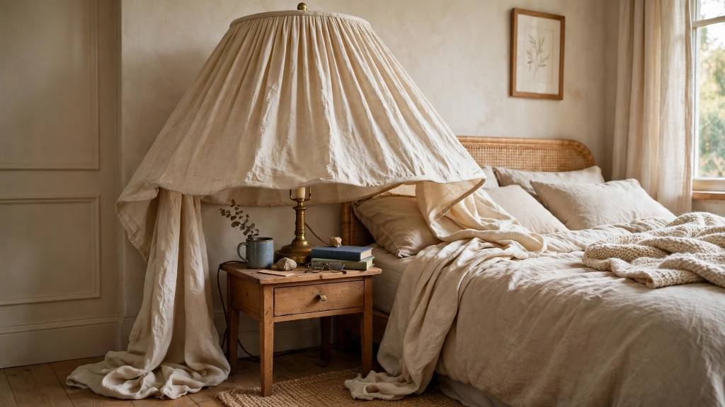 Table Lamp Shade Size, the Simple Formula for Perfect Proportions 10 Oversized lamp shade crowding a small nightstand next to a bed, showing ideal table lamp shade size.