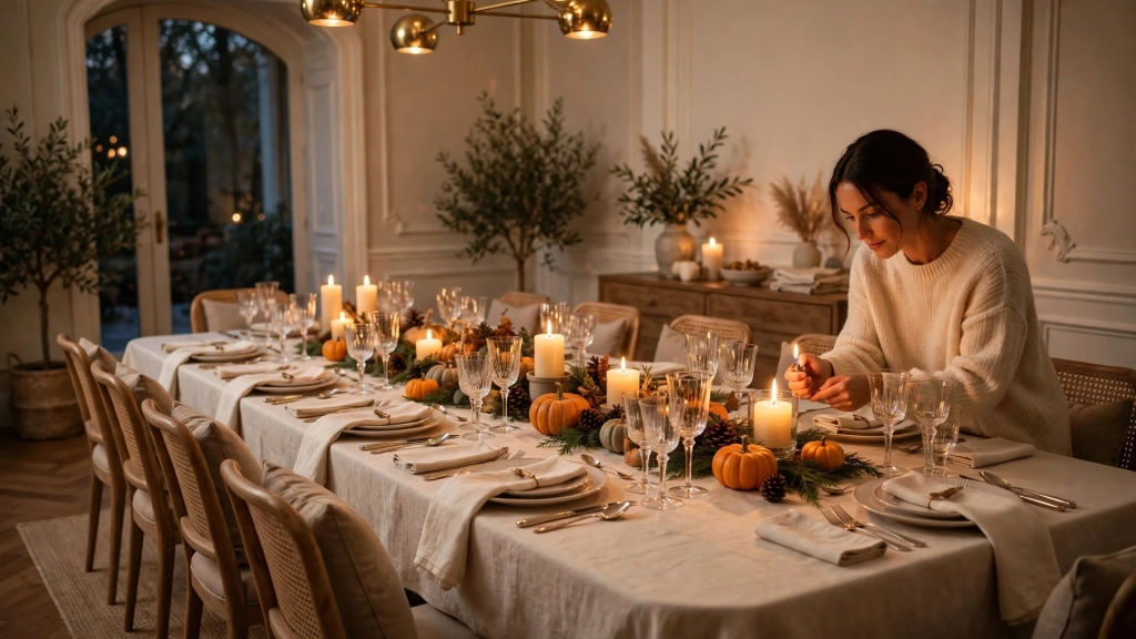 A Thanksgiving Dinner Table Setting Your Guests Will Photograph Before They Eat 1 Fully set thanksgiving dinner table setting with linen, pumpkins and candles glowing warmly