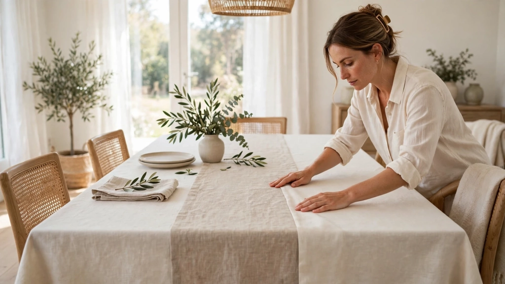 A Thanksgiving Dinner Table Setting Your Guests Will Photograph Before They Eat 3 Woman smoothing a linen tablecloth and runner, the base layer of a thanksgiving dinner table setting
