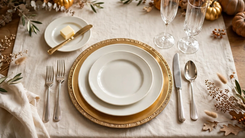 A Thanksgiving Dinner Table Setting Your Guests Will Photograph Before They Eat 5 Full place setting with charger, plates and sparkling glasses in a thanksgiving dinner table setting