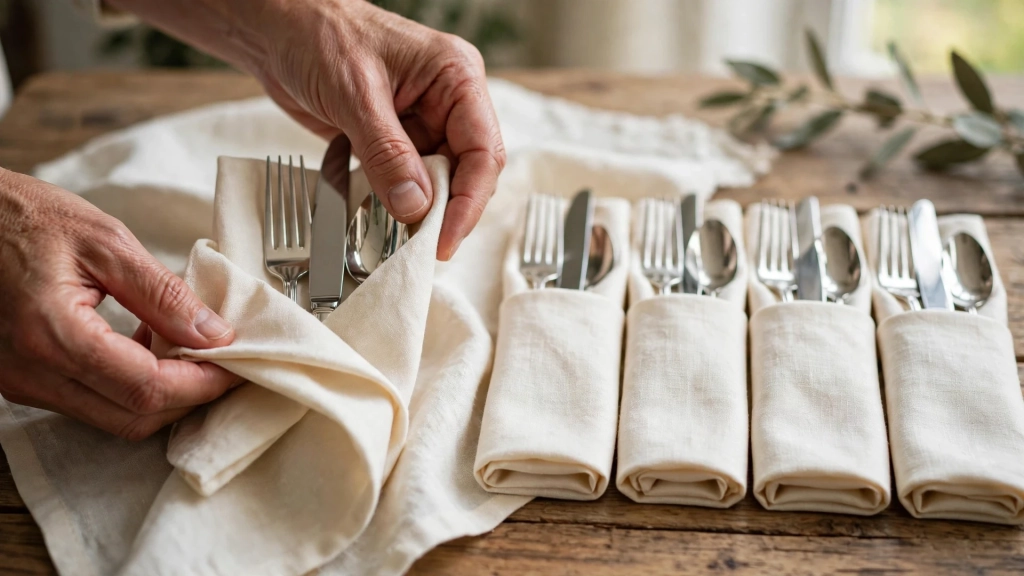 A Thanksgiving Dinner Table Setting Your Guests Will Photograph Before They Eat 6 Hands folding a pocket-fold napkin holding silverware for a thanksgiving dinner table setting