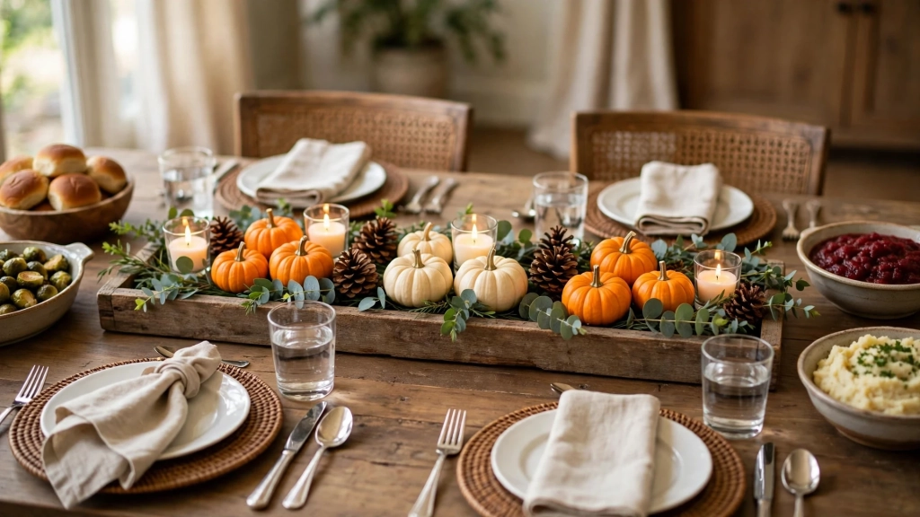 A Thanksgiving Dinner Table Setting Your Guests Will Photograph Before They Eat 7 Low wooden-tray centerpiece with pumpkins and candles, the heart of a thanksgiving dinner table setting