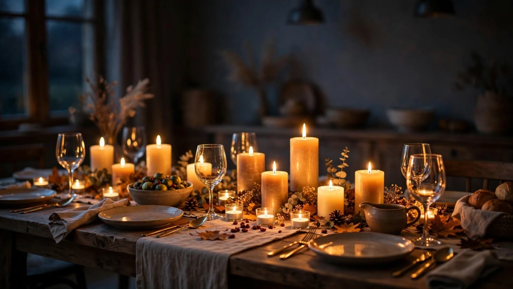 A Thanksgiving Dinner Table Setting Your Guests Will Photograph Before They Eat 8 Thanksgiving table glowing with pillar candles at dusk, a magical thanksgiving dinner table setting