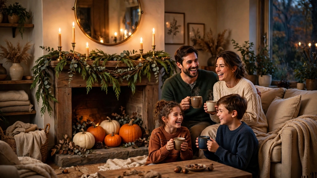 Family gathered around a cozy fireplace styled with these thanksgiving fireplace decor ideas