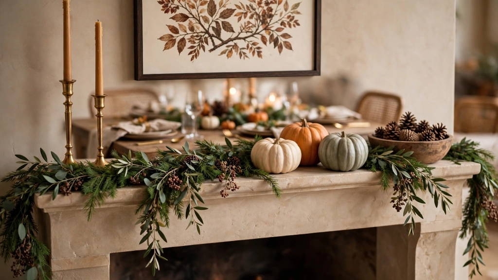 A mantel styled with classic thanksgiving fireplace decor ideas as the room's centerpiece