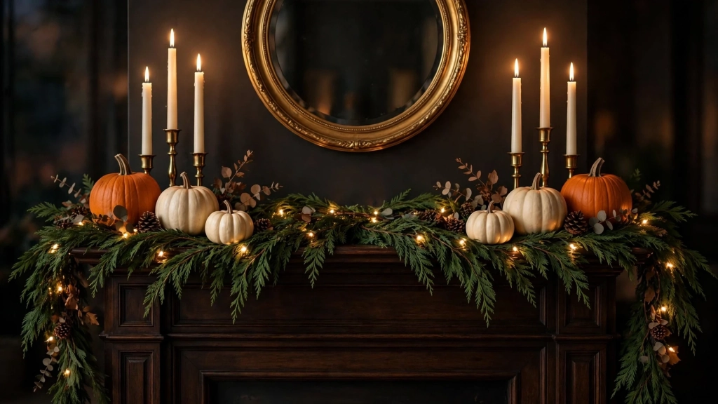 Classic thanksgiving fireplace decor ideas with garlands, candles, and pumpkins