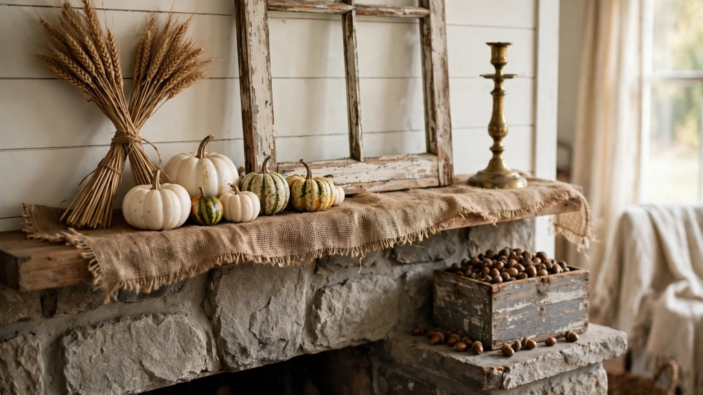 Rustic farmhouse thanksgiving fireplace decor ideas with wheat, burlap, and white pumpkins