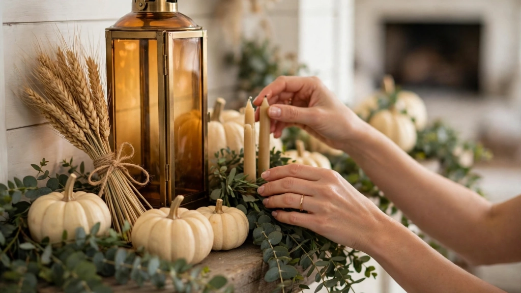 Hands styling a balanced mantel with these thanksgiving fireplace decor ideas