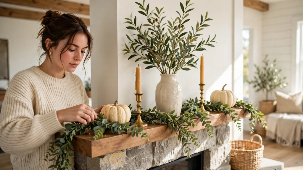 A woman applying designer styling rules with these thanksgiving fireplace decor ideas
