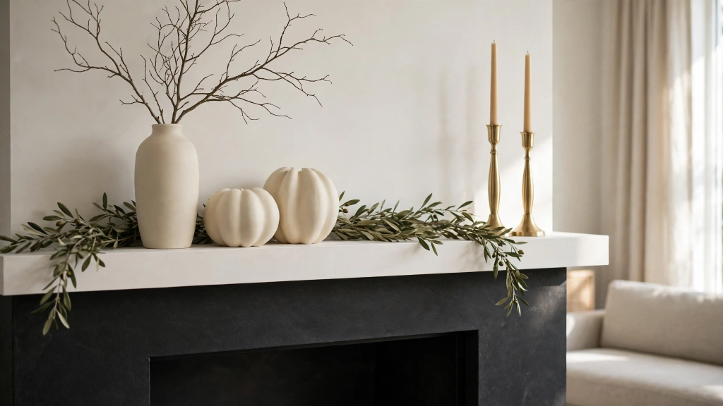 Modern minimal thanksgiving fireplace decor ideas in cream and brass tones