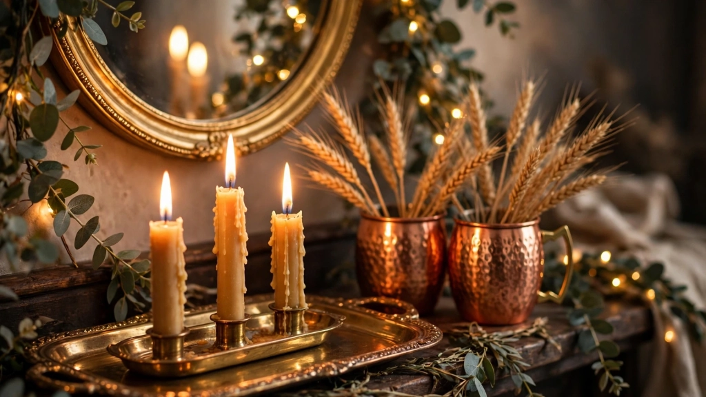 Brass and gold accents bringing warmth to these thanksgiving fireplace decor ideas