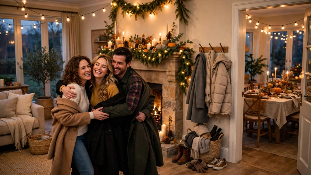 Guests arriving to a home styled with these thanksgiving fireplace decor ideas